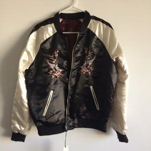 River Island Satin Reversible Bomber Jacket with Crane Embroidery UK16 /US12